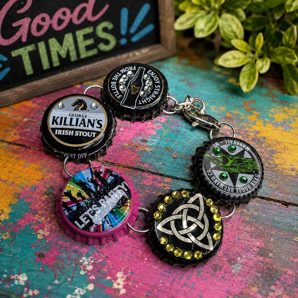 Mixed Beer Bottle Cap Embellished Charm Bracelet